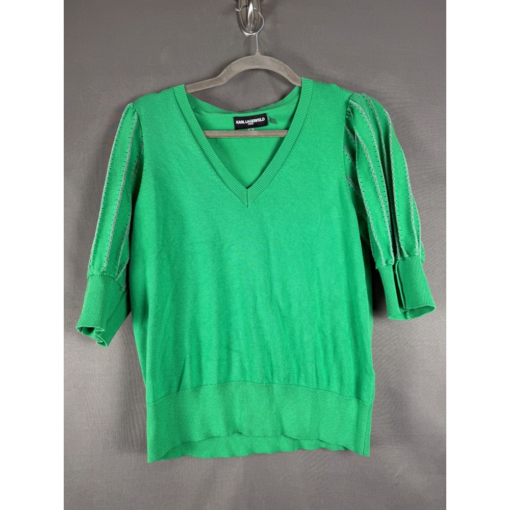Karl Lagerfeld V-Neck Sweater Women Medium Green Puff Sleeve Rhinestone L5TSS700